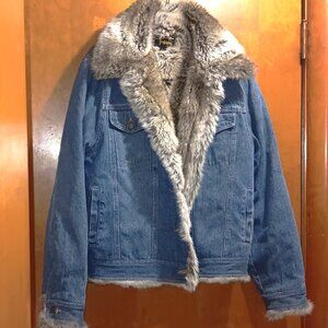 Fabio Jean Jacket Womens Blue Denim Trucker Warm Faux Fur Lining Size L